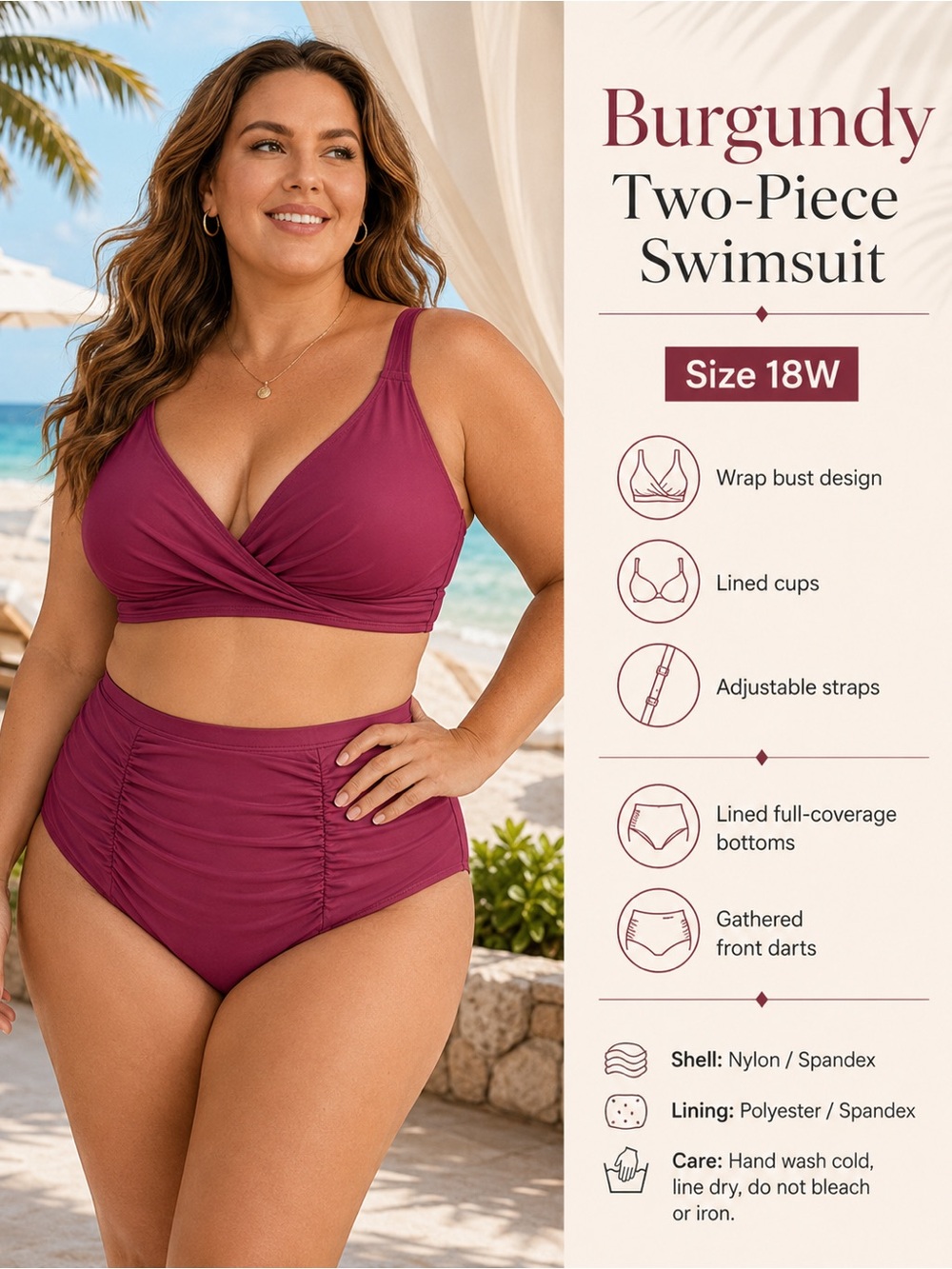 Plus Size Burgundy Wrap Bikini Set with High-Waist Bottoms